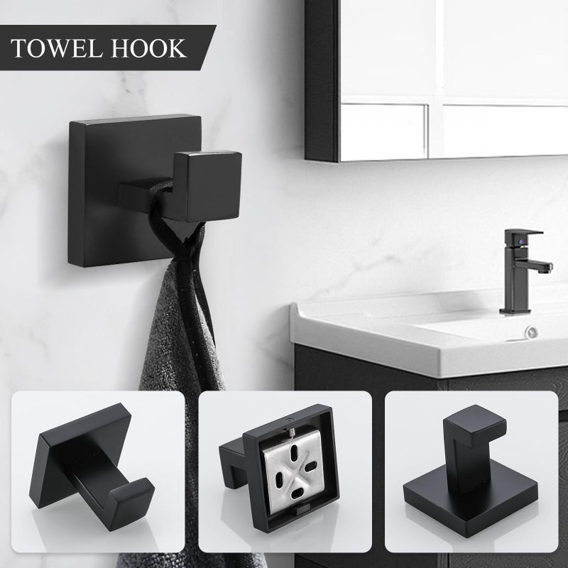 TURS 4-Piece Bathroom Hardware Set Black Towel Bar Set Stainless Steel Towel Bar Hand Towel Holder Toilet Paper Holder Towel Hooks Wall Mount - Image 5